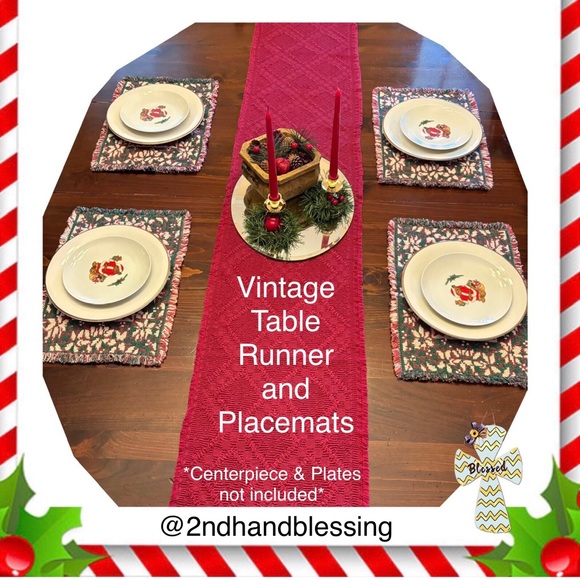 VTG Christmas Red Table Runner & 4 Placemats, Heavy Knit, Holiday design - Picture 1 of 12